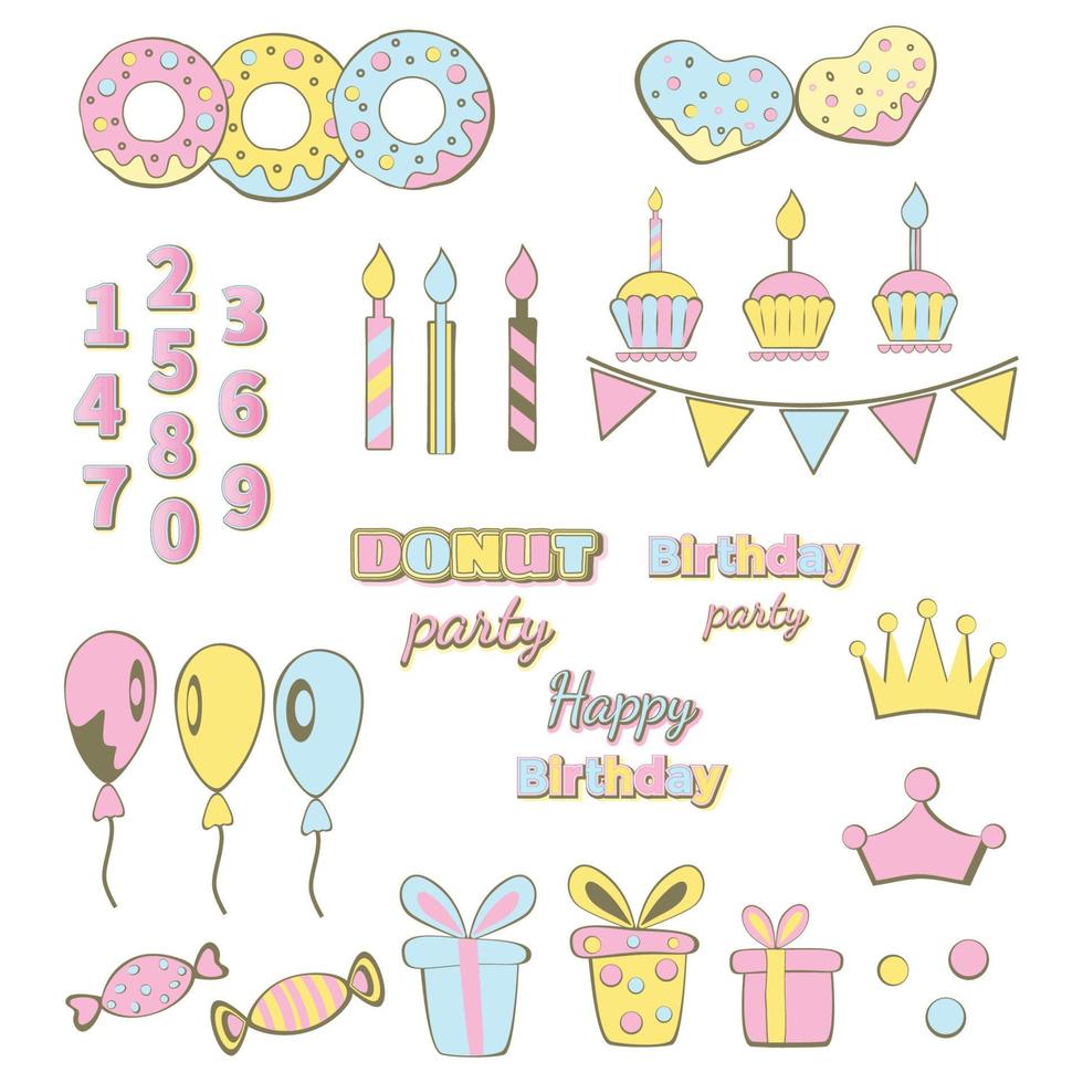 Birthday party decorations. Cupcakes, candles, balloons, candy, and other festive items. Set of isolated icons. Vector illustrations
