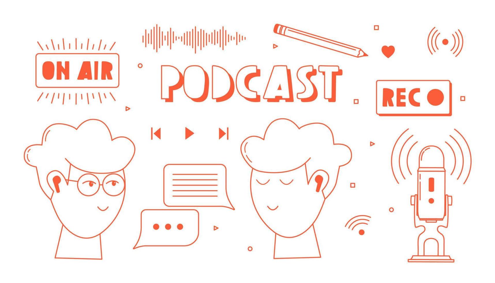 Headphones, microphone, two guys, speech bubbles icons. Podcast recording and listening, broadcasting, online radio, audio streaming service concept. Hand drawn vector isolated illustrations