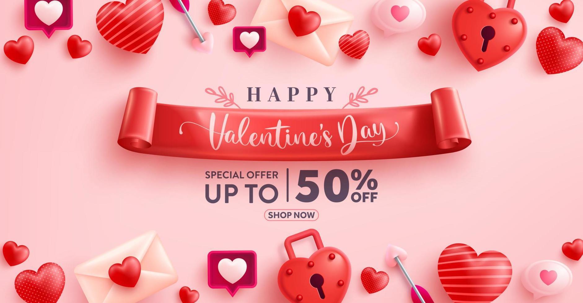 banner de venta del día de san valentín con corazones dulces, burbujas de discurso y elementos de san valentín sobre fondo rosa. promoción y plantilla de compras para el concepto de amor y día de san valentín. vector