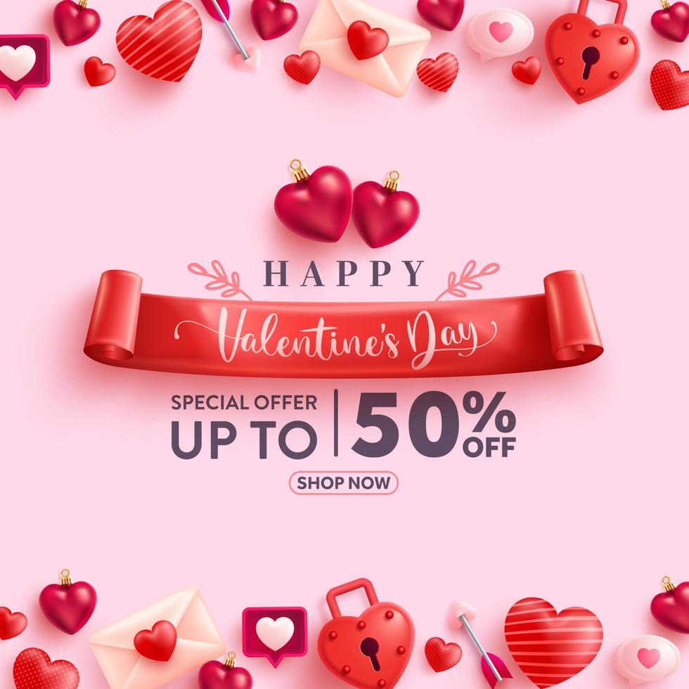 banner de venta del día de san valentín con corazones dulces, burbujas de discurso y elementos de san valentín sobre fondo rosa. promoción y plantilla de compras para el concepto de amor y día de san valentín. vector