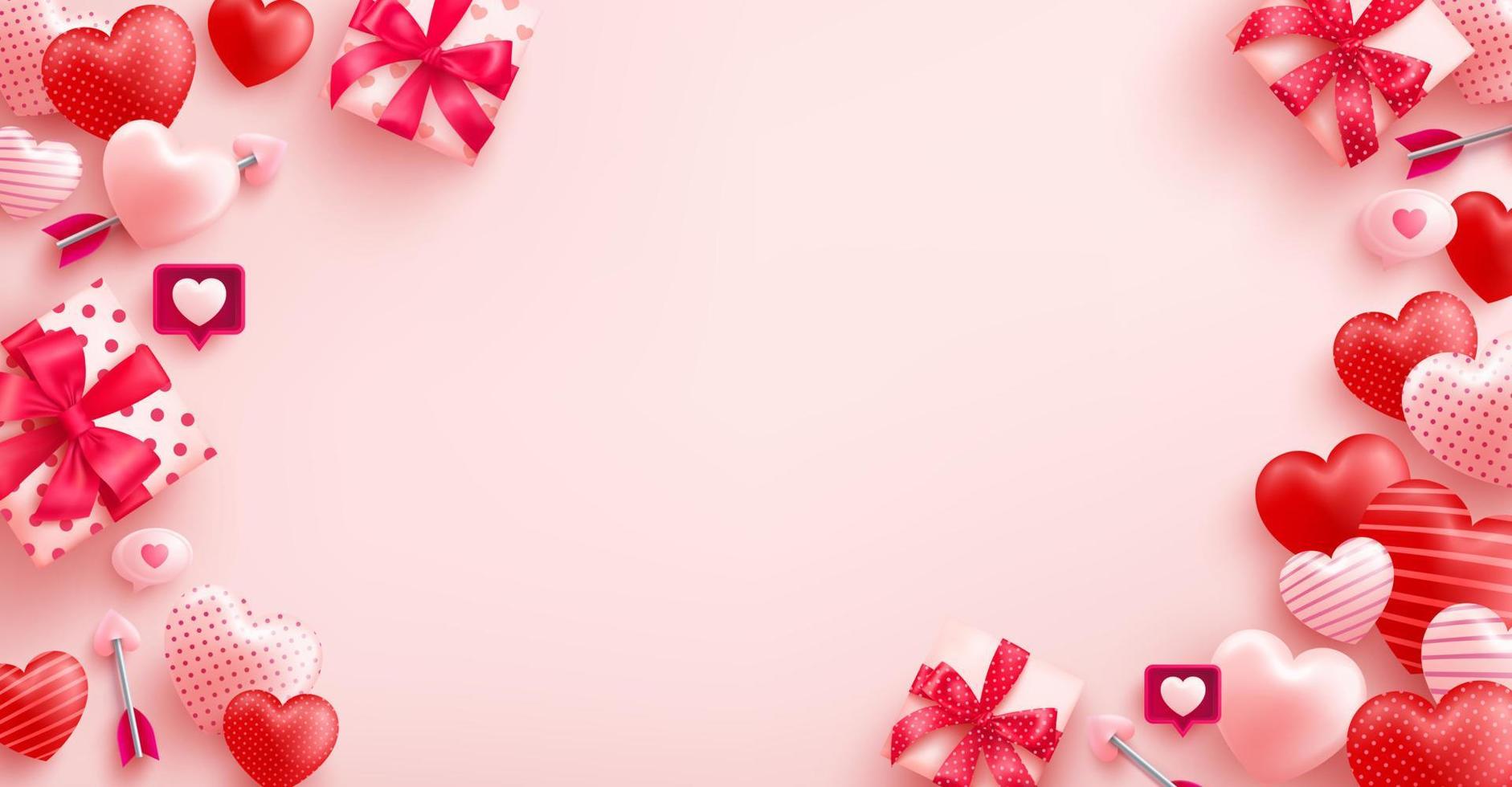 cartel de venta del día de san valentín con corazón lindo y caja de regalo del día de san valentín sobre fondo rosa. plantilla de promoción y compras para el concepto de amor y día de san valentín. vector