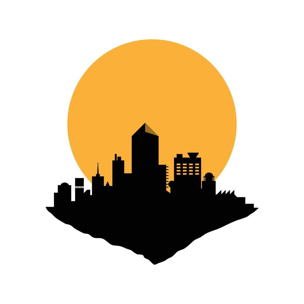 City view of island floating silhouette cartoon style. Building, office, resident, bridge shadow view on sunrise or sunset. Orange sky with cityscape  at dawn of vector illustrator