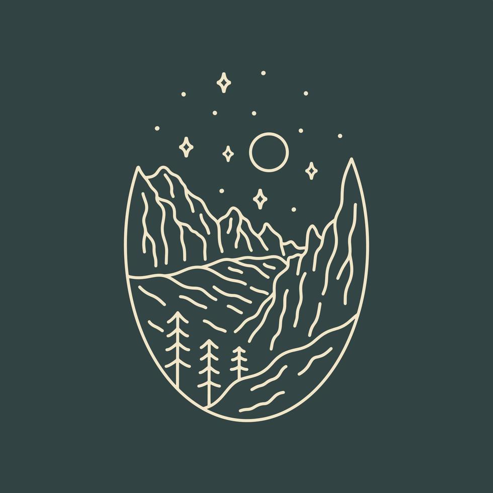 View of Zion National Park with starry sky in mono line art, patch badge, emblem, t-shirt design vector