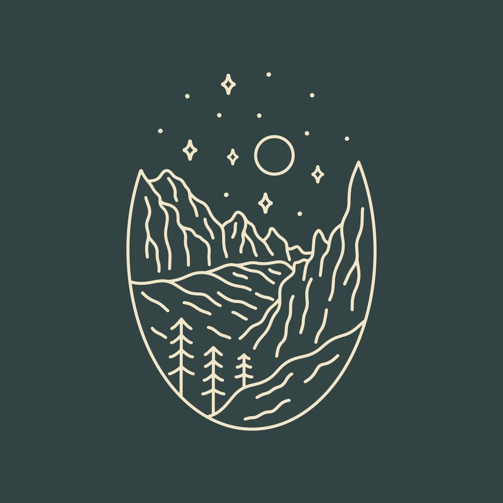 vista del parque nacional de zion con cielo estrellado en arte de línea mono, placa de parche, emblema, diseño de camisetas vector