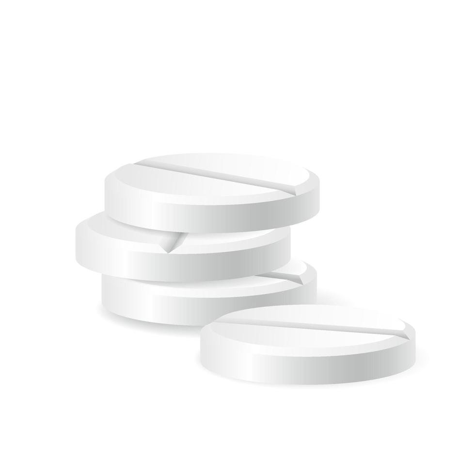 Set of realistic pills. Effervescent soluble drugs. Aspirin, paracetamol tablets. Collection of vitamin complex, remedy, medical and healthcare concept. Round white pills in a pile for pharmacy. vector