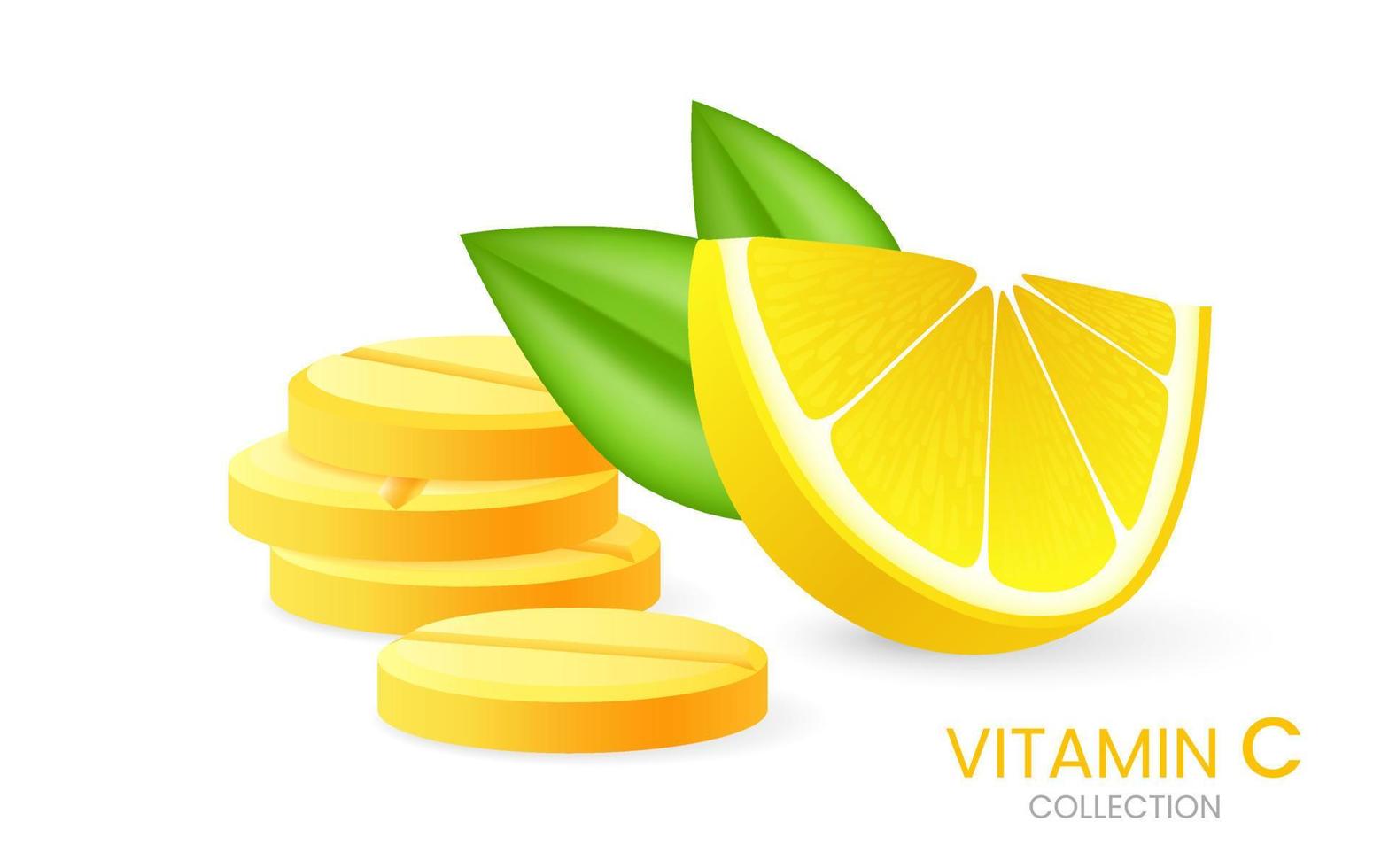Effervescent soluble tablets. Vitamin C soluble pills with lemon flavor. Realistic lemon sliced with green leaf, sour fresh fruit, bright yellow zest. Vector realistic poster of fizzy pill.