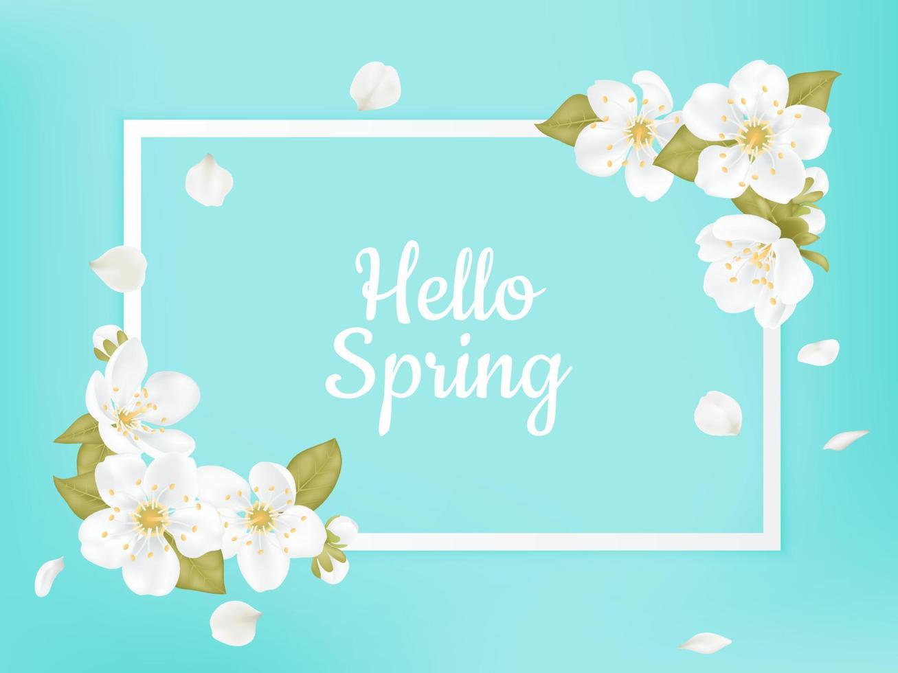 Rectangle banner, Hello Spring. Card for spring season with cherry blossom wreath frame, promotion offer  spring plants, leaves and white sakura flowers decoration on blue background. Design template. vector
