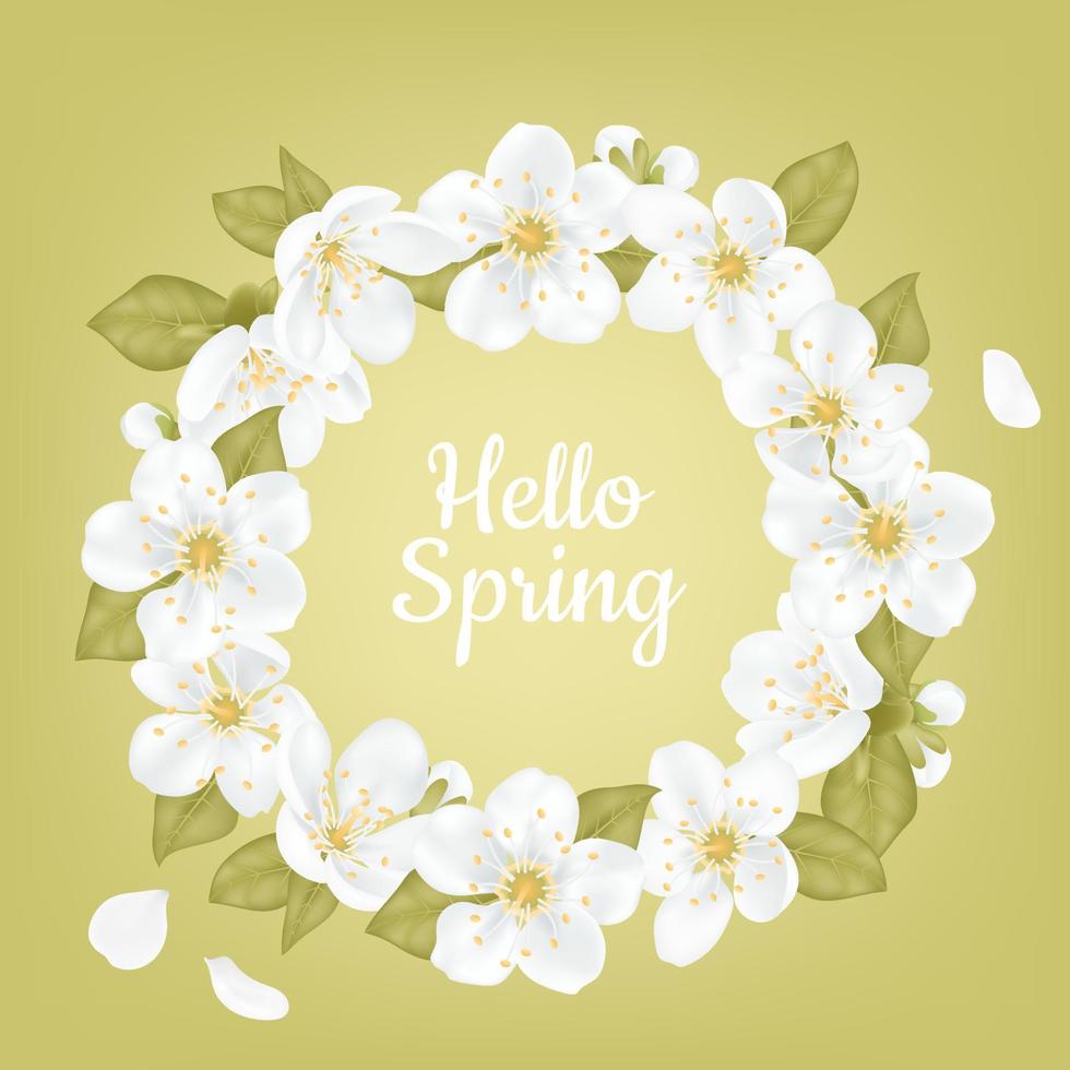 Round banner, Hello Spring. Card for spring season with cherry blossom wreath frame, promotion offer  spring plants, leaves and white sakura flowers decoration on green background. Design template. vector