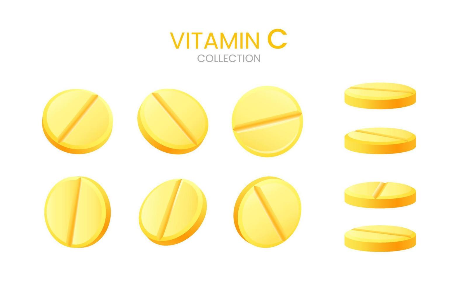 Set of realistic pills. Effervescent soluble drugs. Vitamin C soluble tablets with lemon flavor. Collection of vitamin complex, medical and healthcare concept. Round yellow pills with fruit flavor. vector