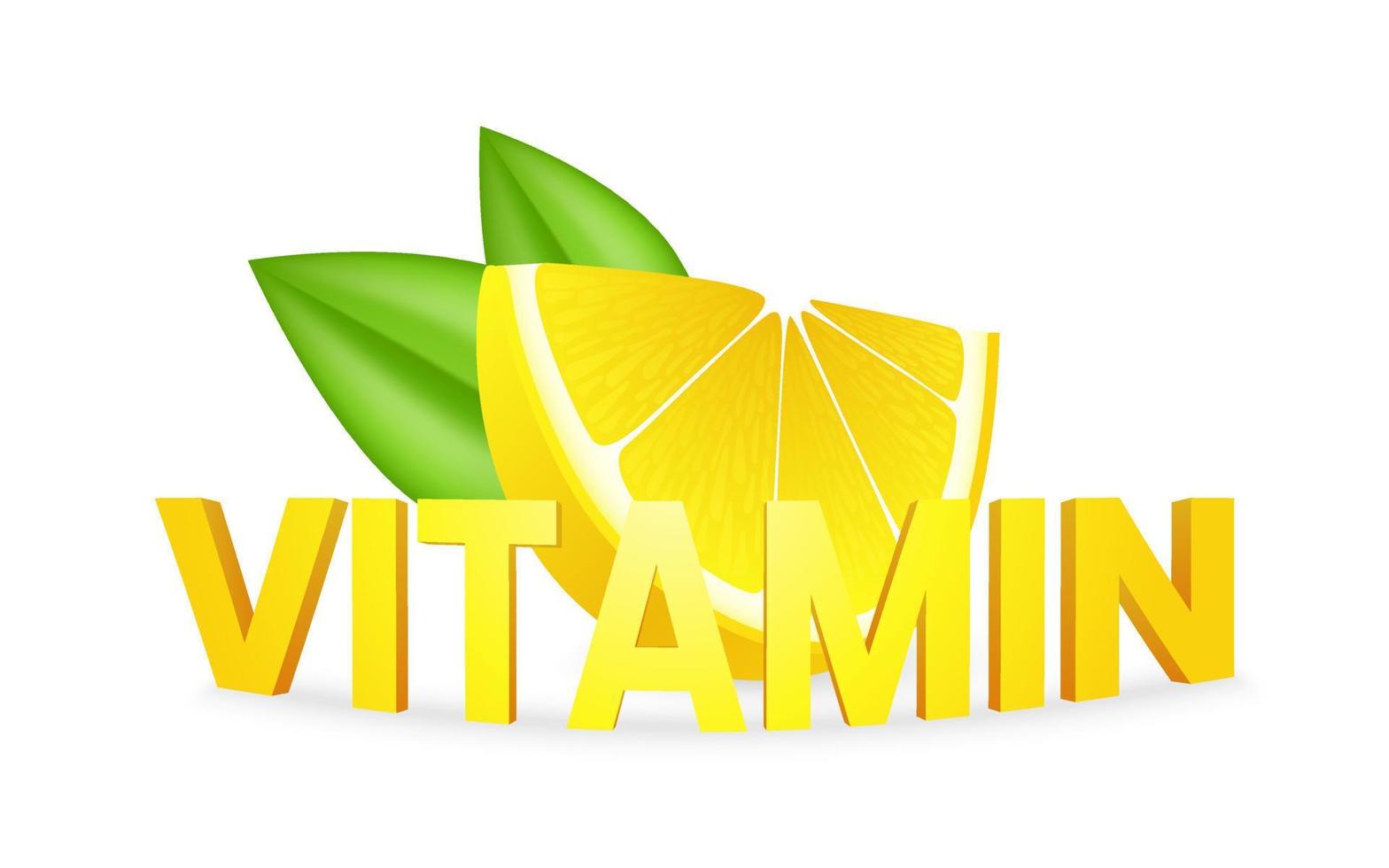 Vitamin C effervescent soluble pills with lemon flavor. Realistic lemon sliced with green leaf, sour fresh fruit, bright yellow zest. Vector realistic poster of Vitamin C complex for medicine.