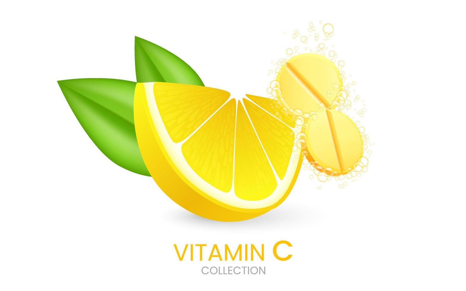 Effervescent soluble pills. Vitamin C soluble drugs with lemon flavor in water with sparkling carbonated bubbles trail. Realistic lemon sliced with green leaf, sour fresh fruit, bright yellow zest vector