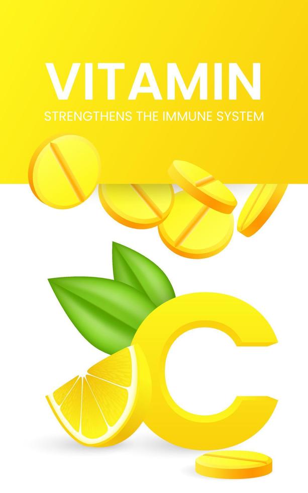 Effervescent soluble pills. Vitamin C soluble drugs with lemon flavor. Realistic lemon sliced with green leaf, sour fresh fruit, bright yellow zest. Vector realistic poster of fizzy pill.