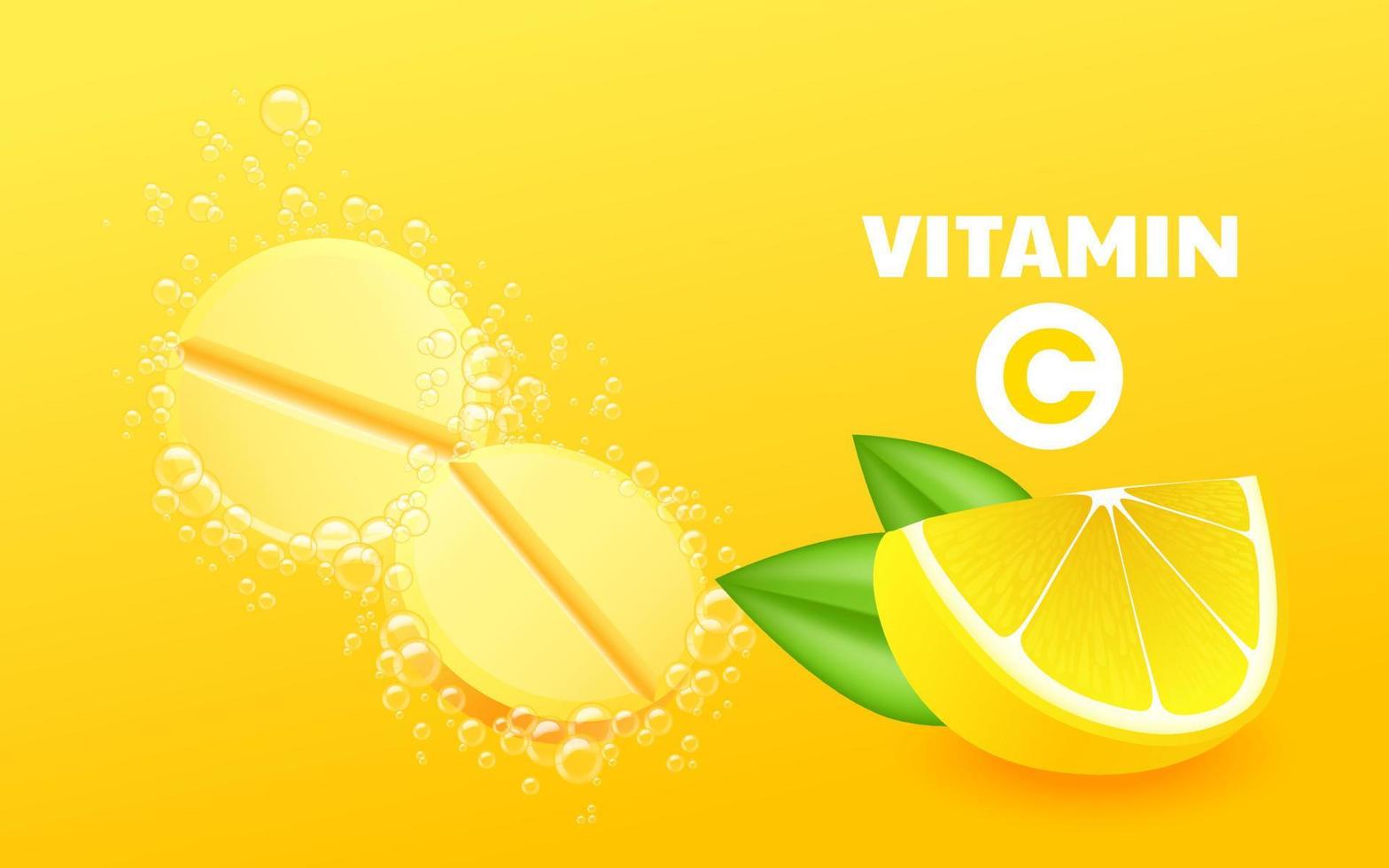 Effervescent soluble tablets. Vitamin C soluble pills with lemon flavor in water with sparkling carbonated bubbles trail. Realistic lemon sliced with green leaf, sour fresh fruit, bright yellow zest vector