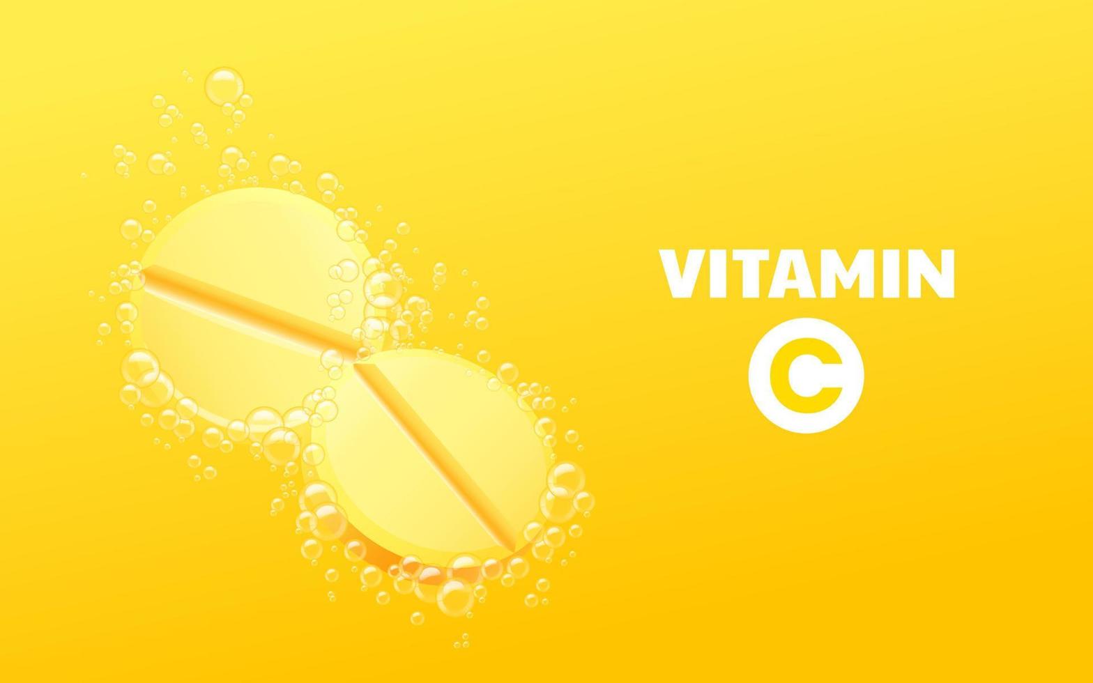 Effervescent soluble pills. Vitamin C soluble drugs with lemon flavor in water with sparkling carbonated bubbles trail. Pills dissolving in the fizzy and bubbling water. Medical banner design. vector