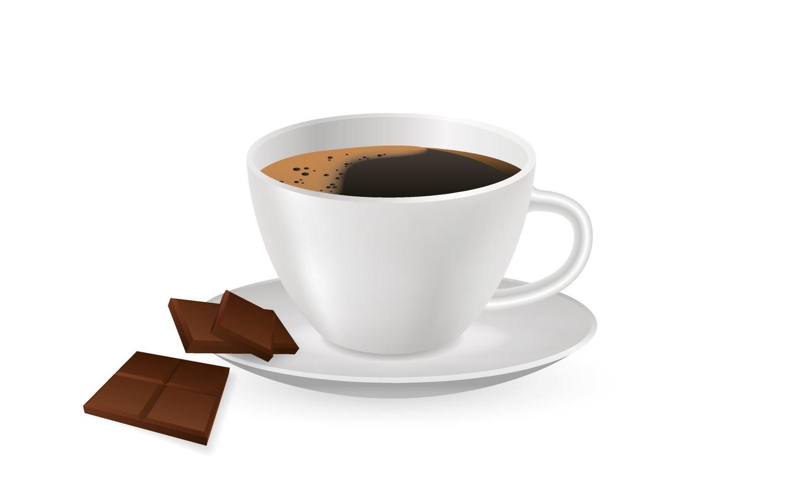 Café espresso realista en 3d en taza blanca. ilustración vectorial diseño para cafetería, afiches, pancartas, postales. taza blanca limpia de cerámica de plantilla con café y chocolate. bebida de desayuno vector