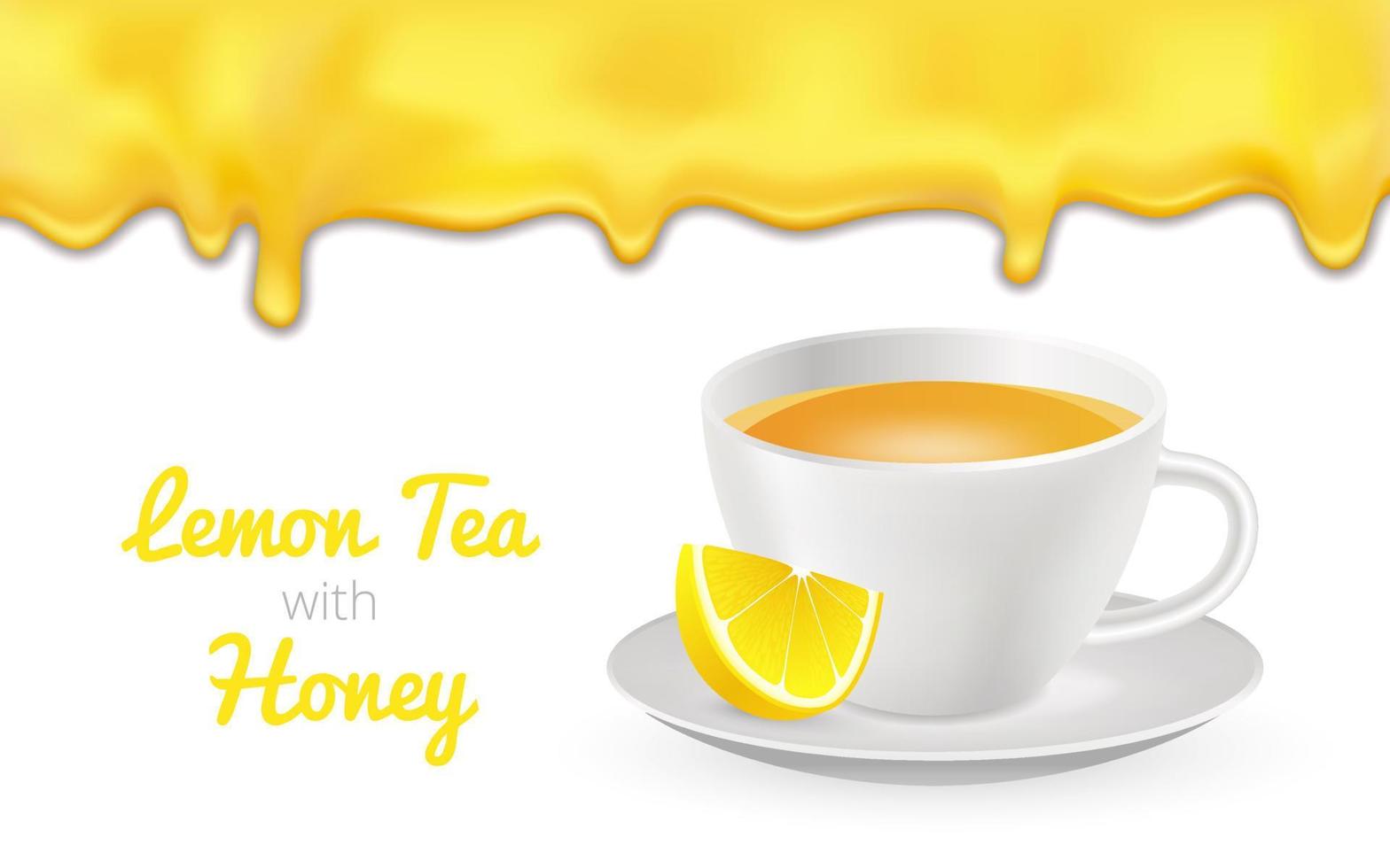 3d realistic green tea in white cup. Vector illustration. Realistic lemon fruit. Design for cafeteria, posters, banners, postcards. Template ceramic mug with lemon tea and sweet honey flow drip.