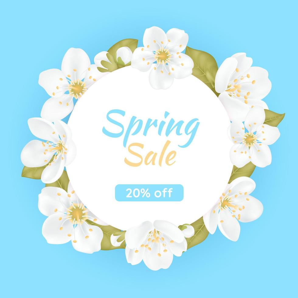 Round banner, Spring Sale. Card for spring season with cherry blossom wreath frame, promotion offer  spring plants, leaves and white sakura flowers decoration on blue background. Design template. vector