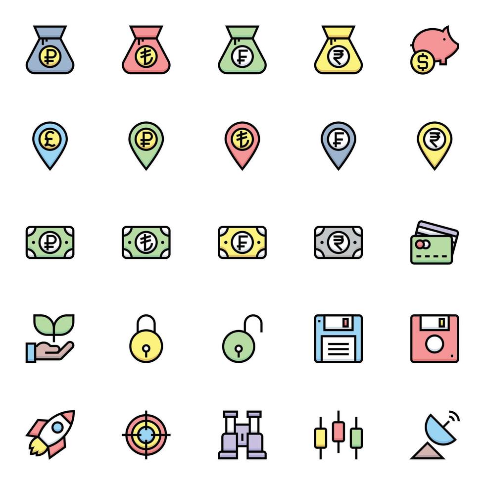 iconos de contorno de color rellenos para negocios y finanzas. vector