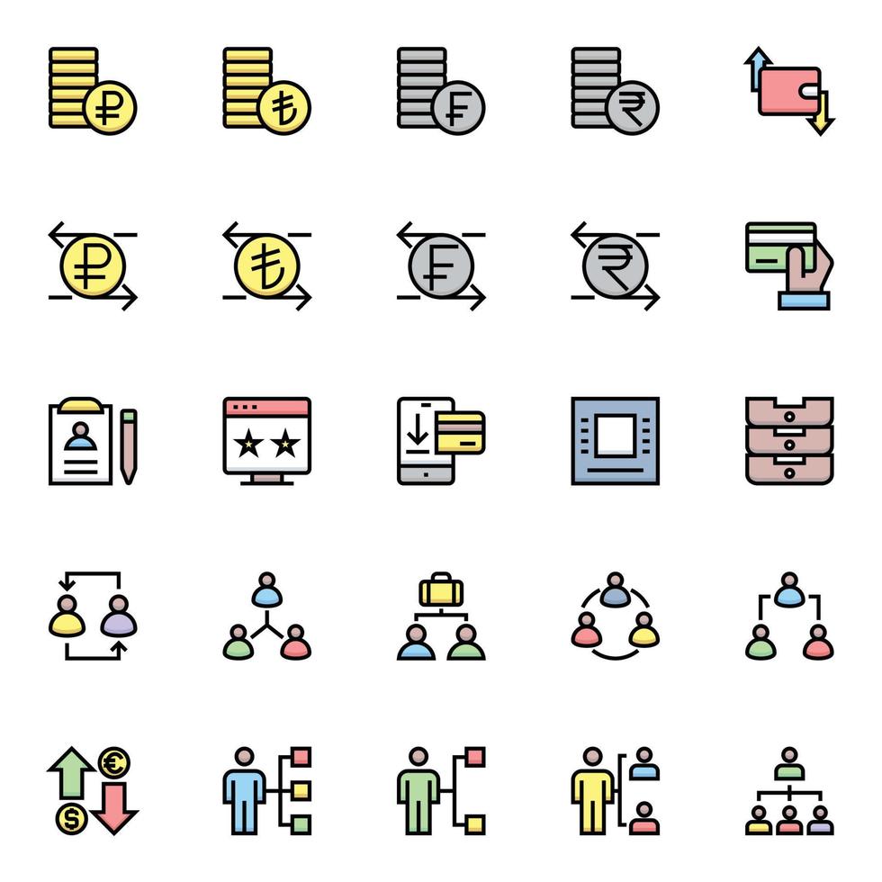 iconos de contorno de color rellenos para negocios y finanzas. vector
