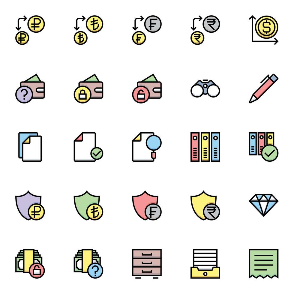 iconos de contorno de color rellenos para negocios y finanzas. vector