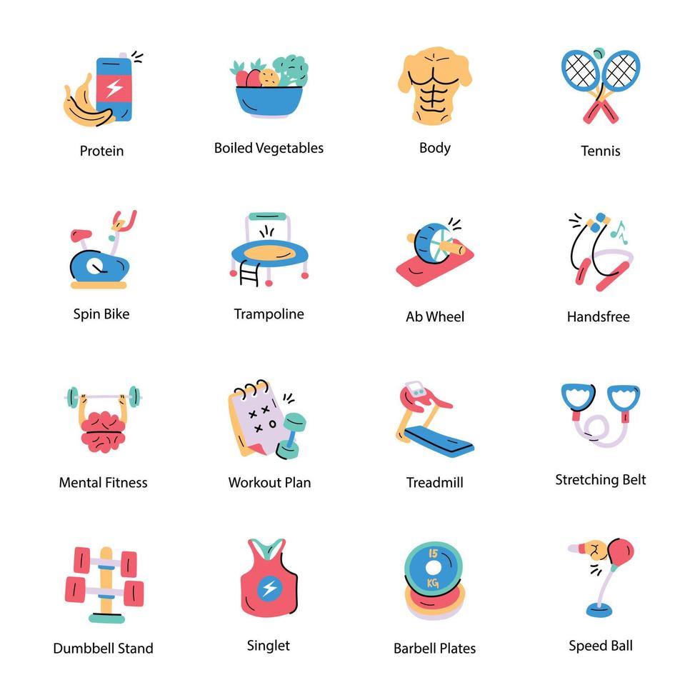 Bundle of Fitness Hand Drawn Icons vector