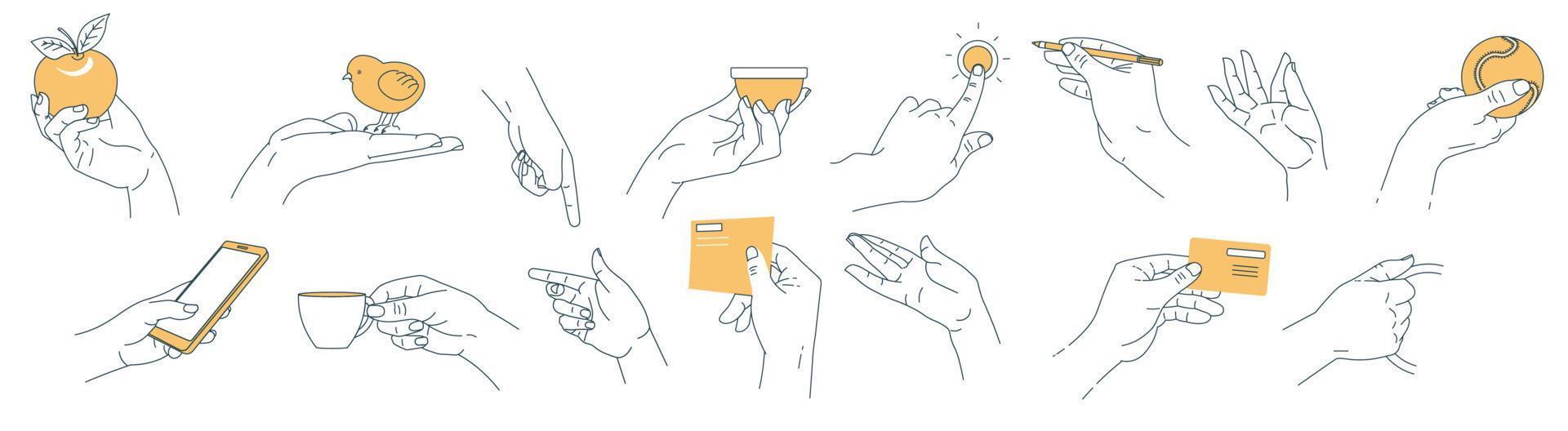 Hand holding smartphone cell, apple and pencil vector