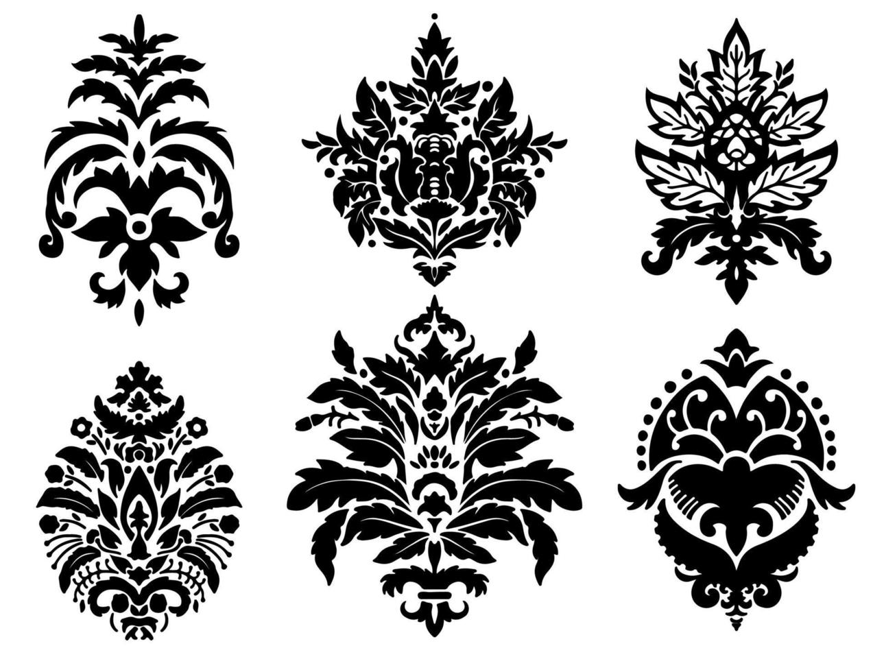 Damask ornaments, flowers and motifs silhouette vector