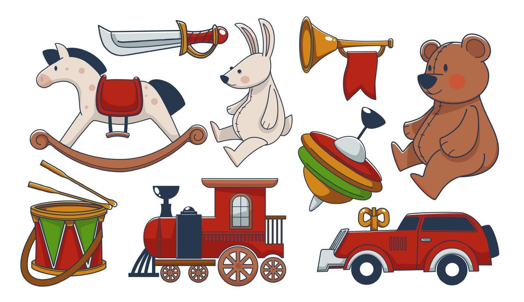 Toys for children, plush and wooden materials vector