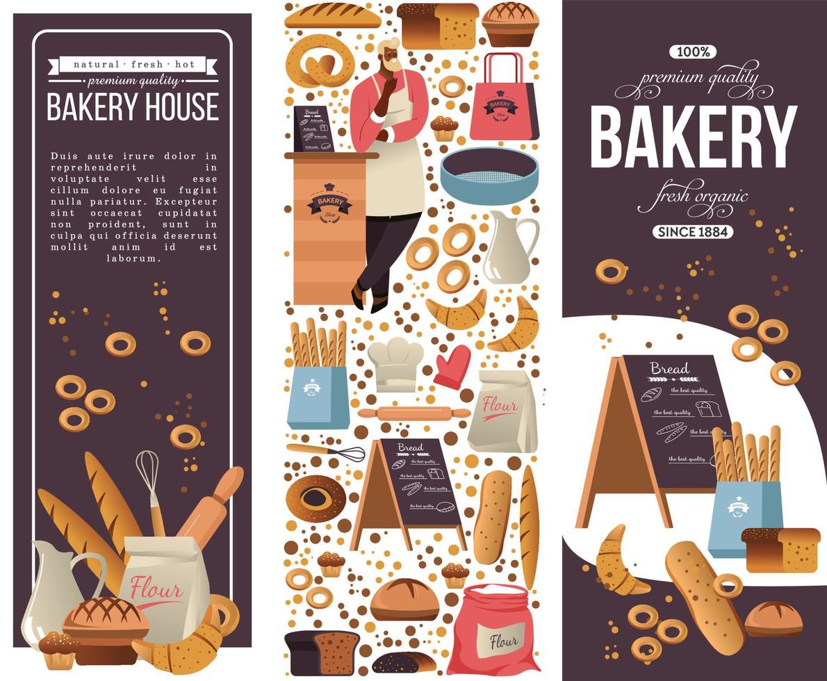 casa de panadería, panadero con productos de pastelería frescos vector