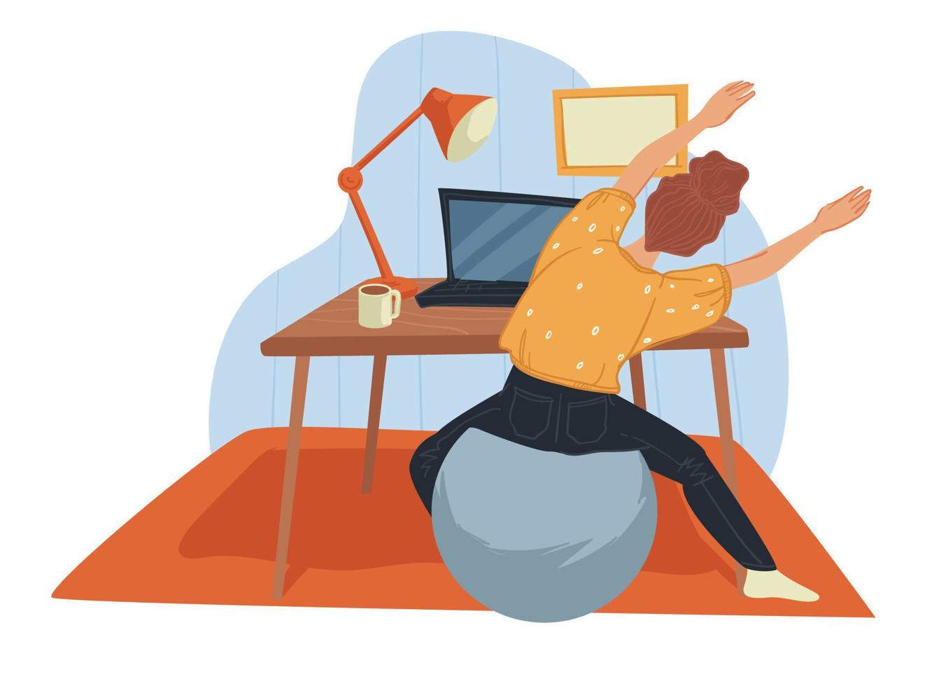 mujer estirándose con una laptop, trabajando o relajándose vector