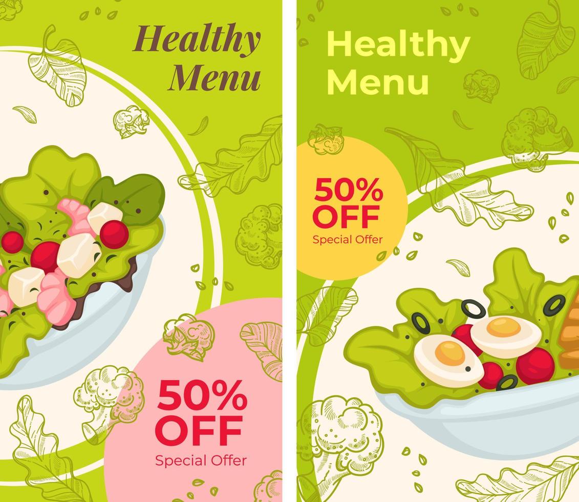 Healthy menu 50 percent off discount on dishes vector