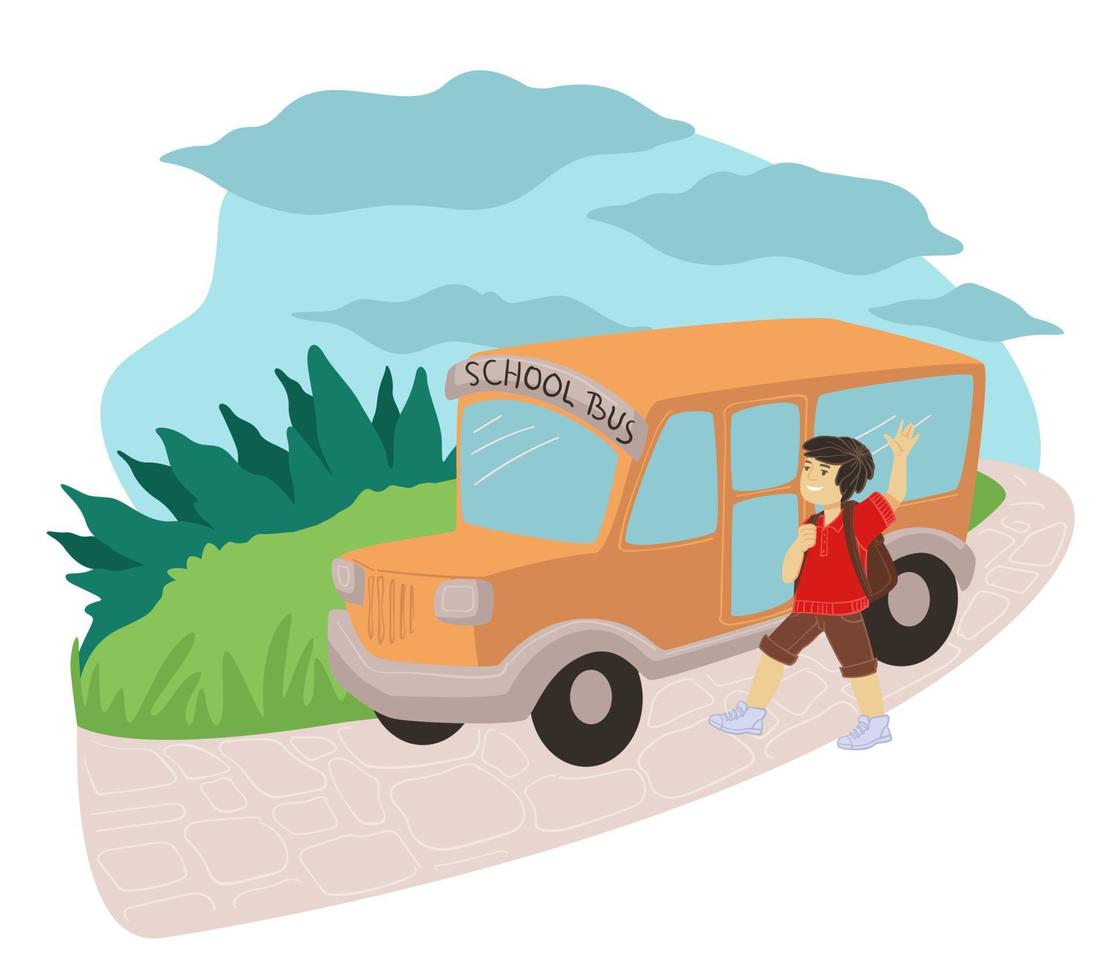 Kid catching public transport bus to get to school vector