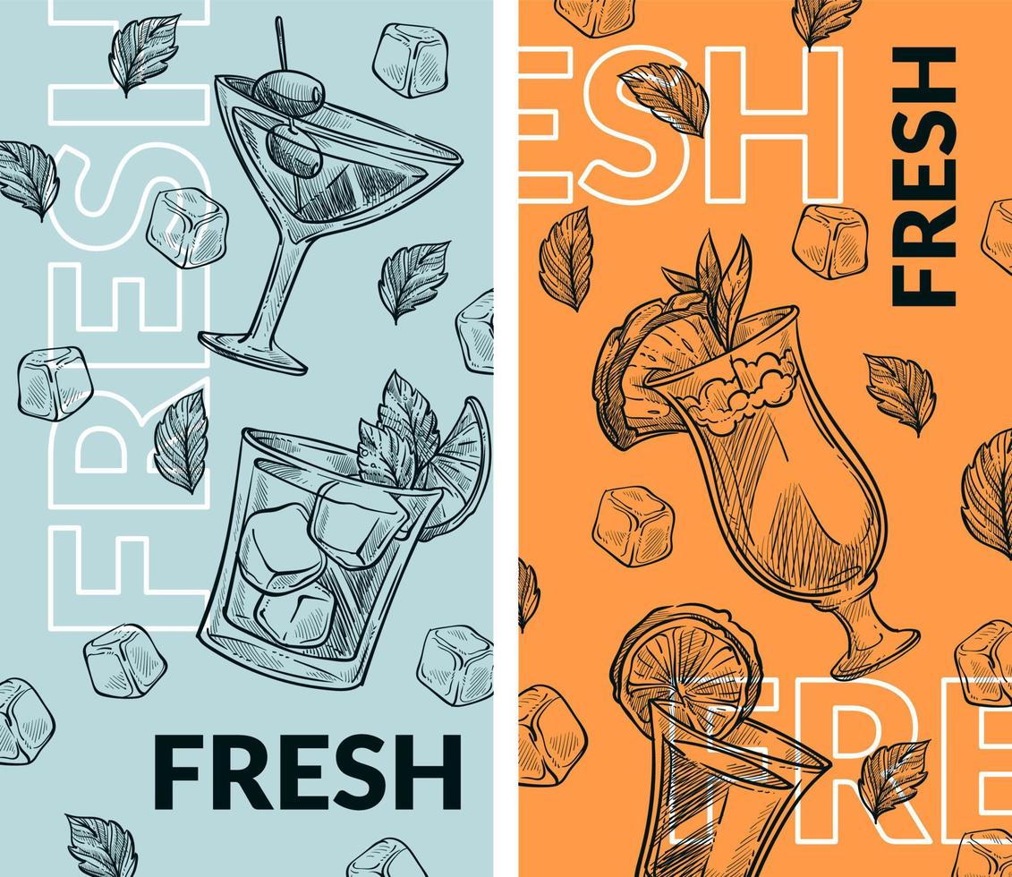 Fresh cocktails with ice cubes, bar cafe menu vector