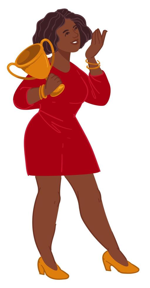 Businesswoman holding award for work, gold prize vector