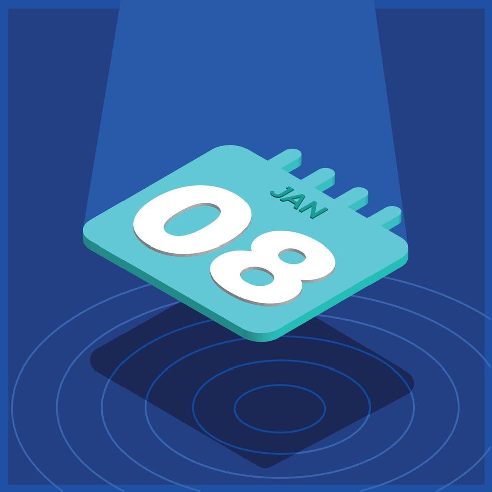 Blue 3D calendar floating with spotlight - January 8th vector