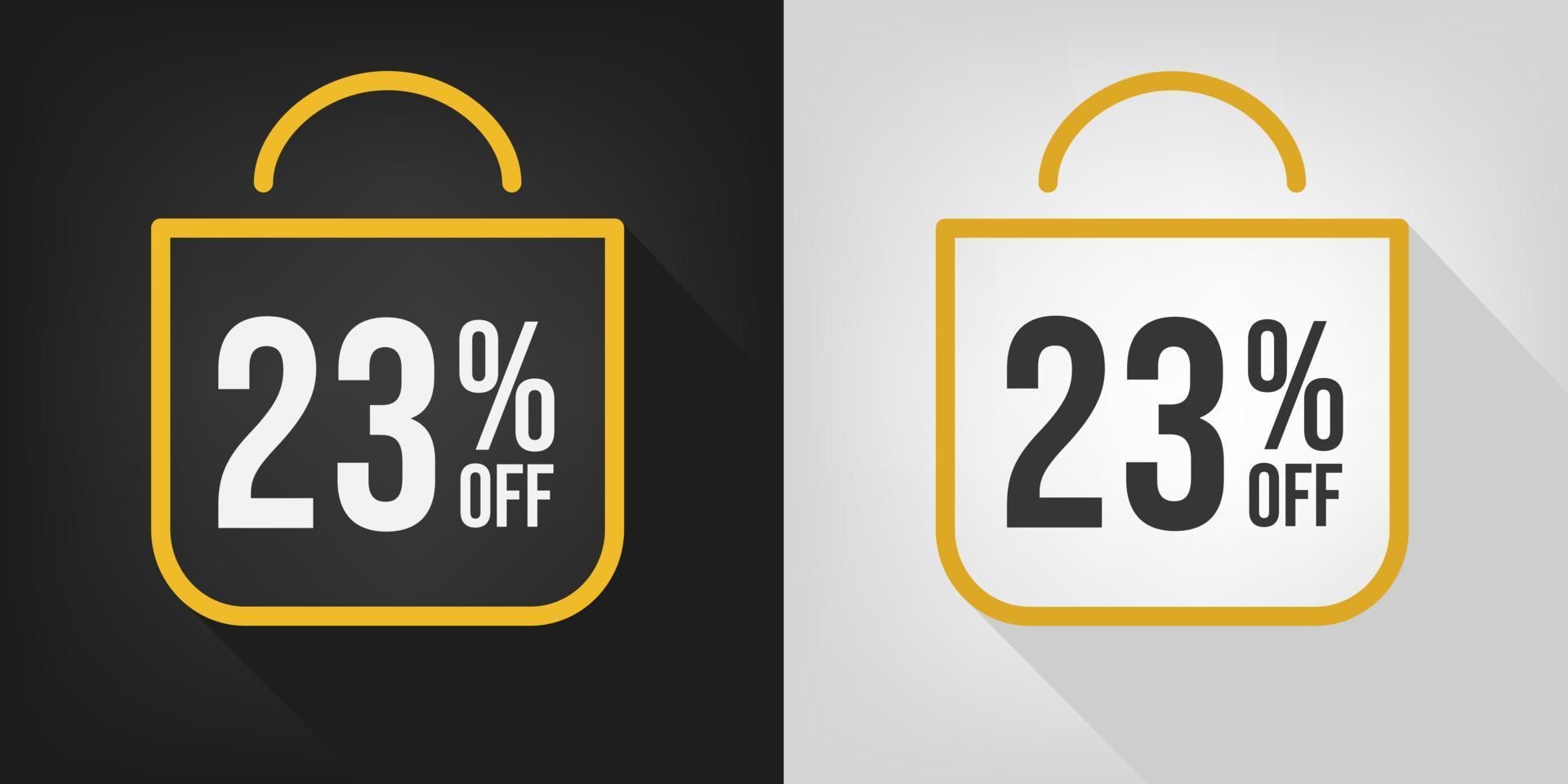 23 percent off. Black, white and yellow banner with twenty-three percent discount. Shopping bag concept vector. vector