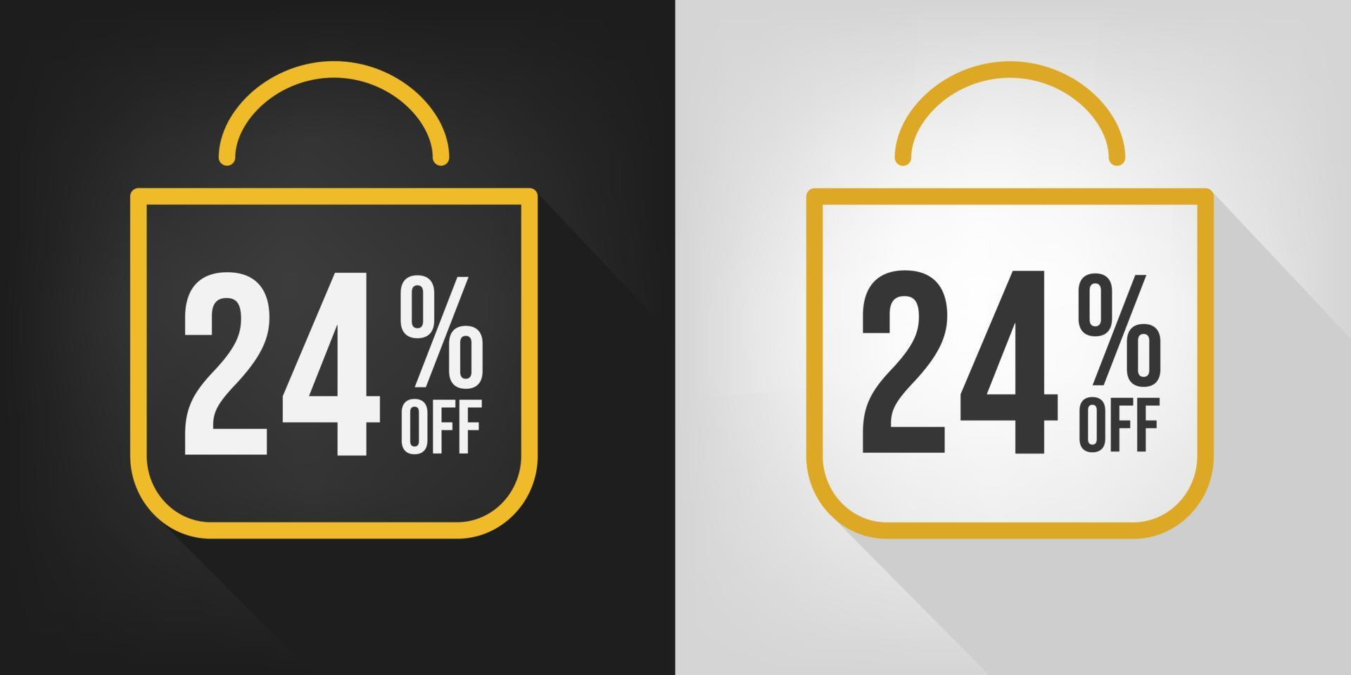 24 percent off. Black, white and yellow banner with twenty-four percent discount. Shopping bag concept vector. vector