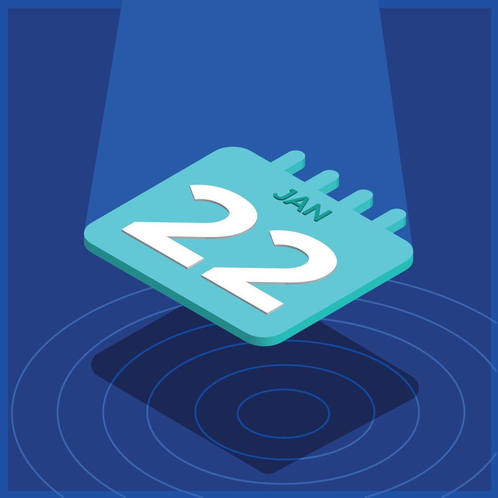 Blue 3D calendar floating with spotlight - January 22th vector