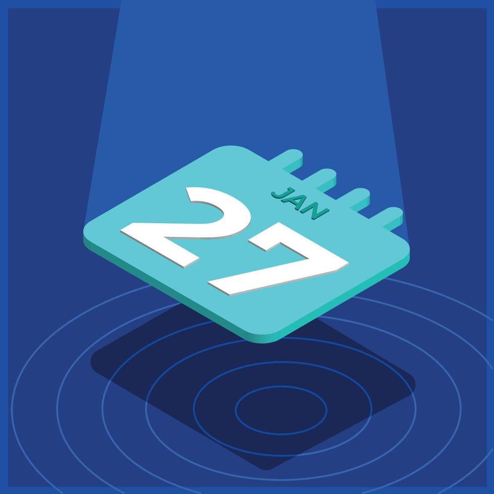 Blue 3D calendar floating with spotlight - January 27th vector