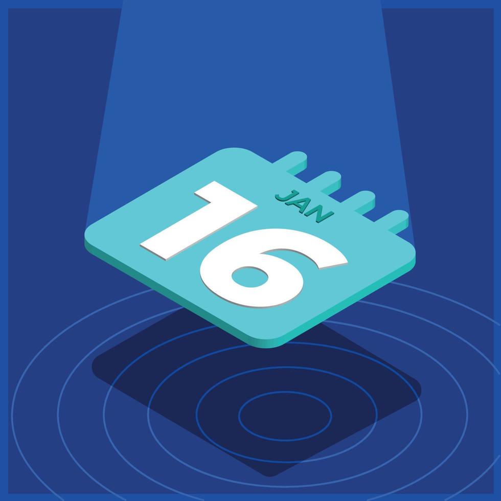 Blue 3D calendar floating with spotlight - January 16th vector