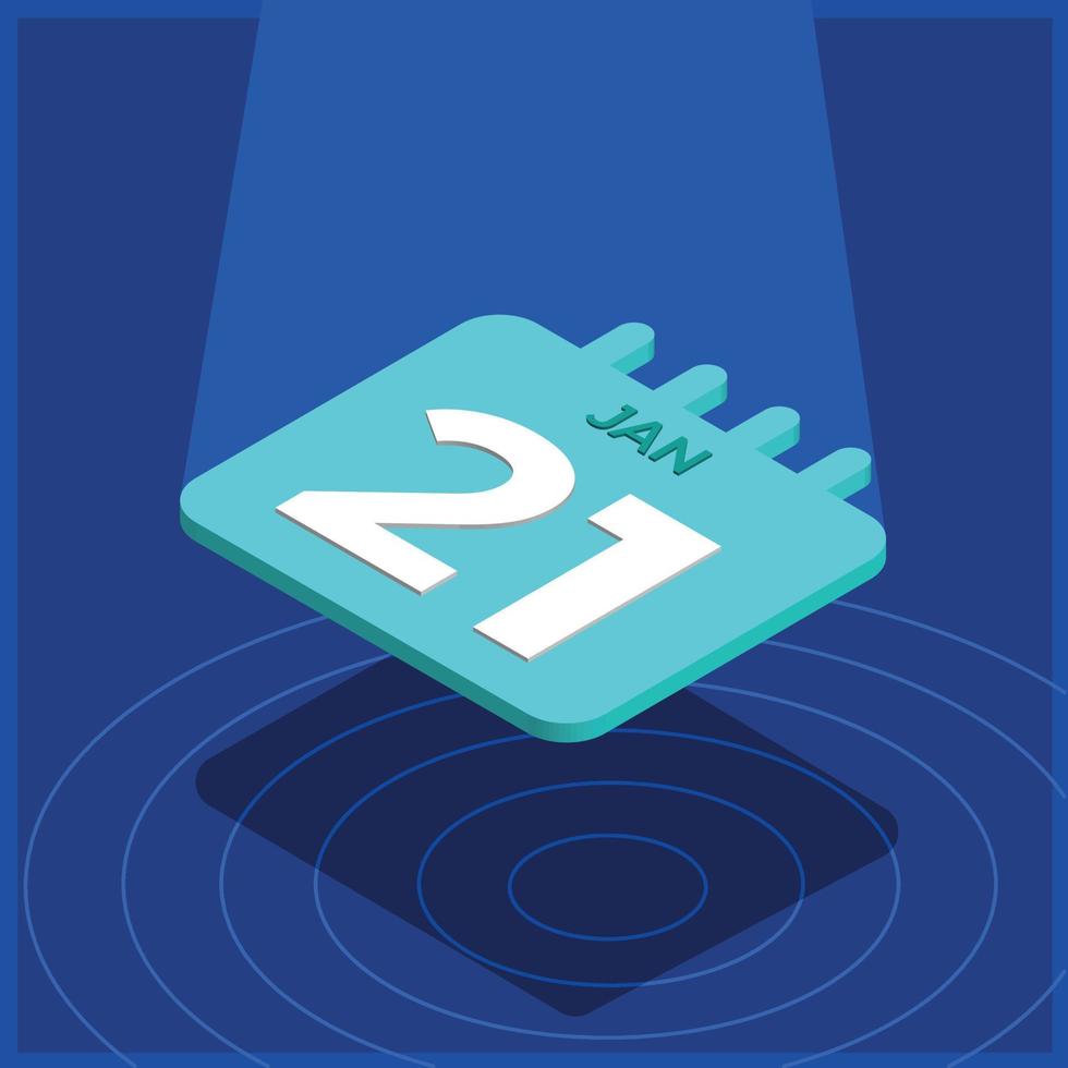 Blue 3D calendar floating with spotlight - January 21th vector