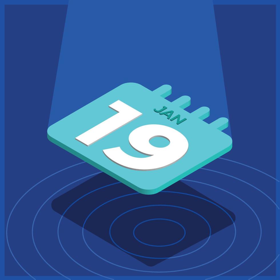 Blue 3D calendar floating with spotlight - January 19th vector