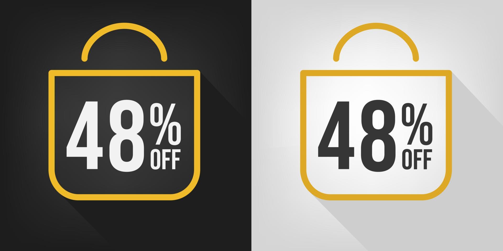 48 por ciento de descuento. banner negro, blanco y amarillo con cuarenta y ocho por ciento de descuento. vector de concepto de bolsa de compras.