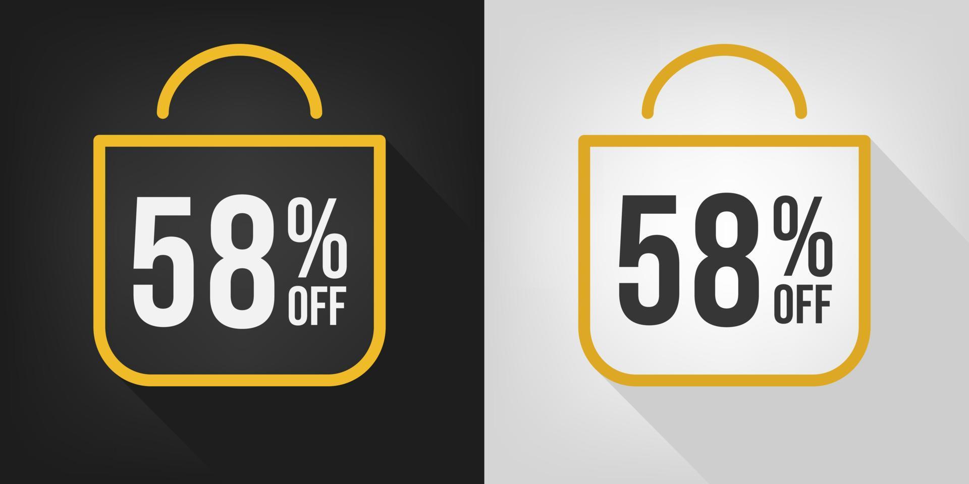 58 por ciento de descuento. banner negro, blanco y amarillo con cincuenta y ocho por ciento de descuento. vector de concepto de bolsa de compras.