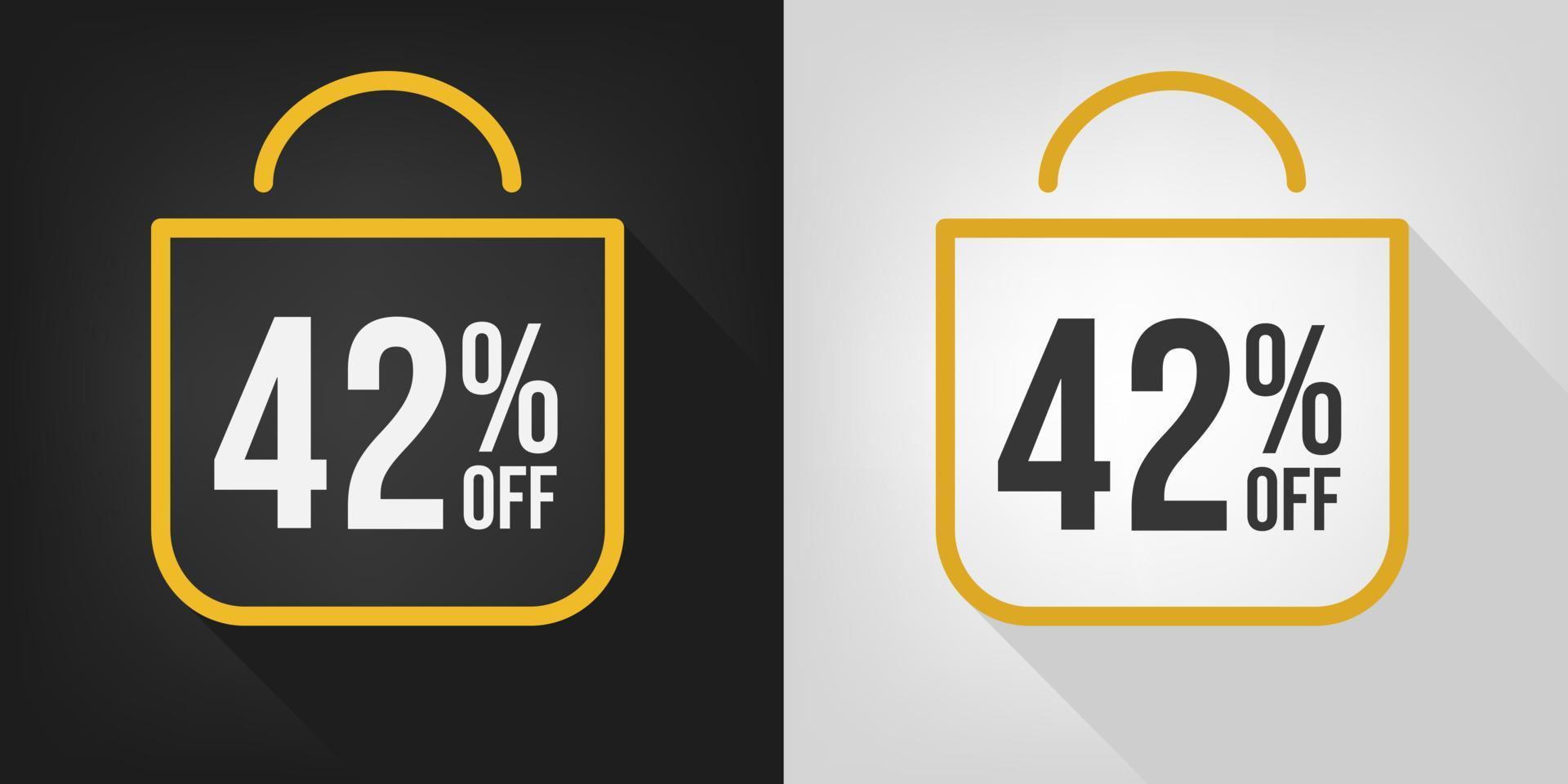 42 por ciento de descuento. banner negro, blanco y amarillo con cuarenta y dos por ciento de descuento. vector de concepto de bolsa de compras.