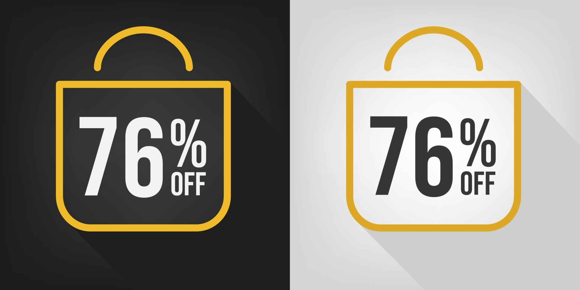76 off off. Black, white and yellow banner with seventy-six percent discount. Shopping bag concept vector. vector