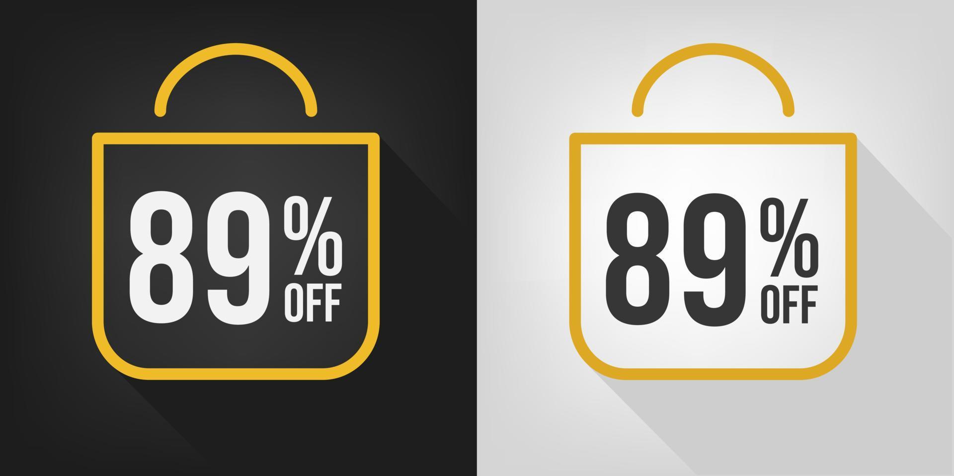 89 por ciento de descuento. pancarta negra, blanca y amarilla con un descuento del ochenta y nueve por ciento. vector de concepto de bolsa de compras.
