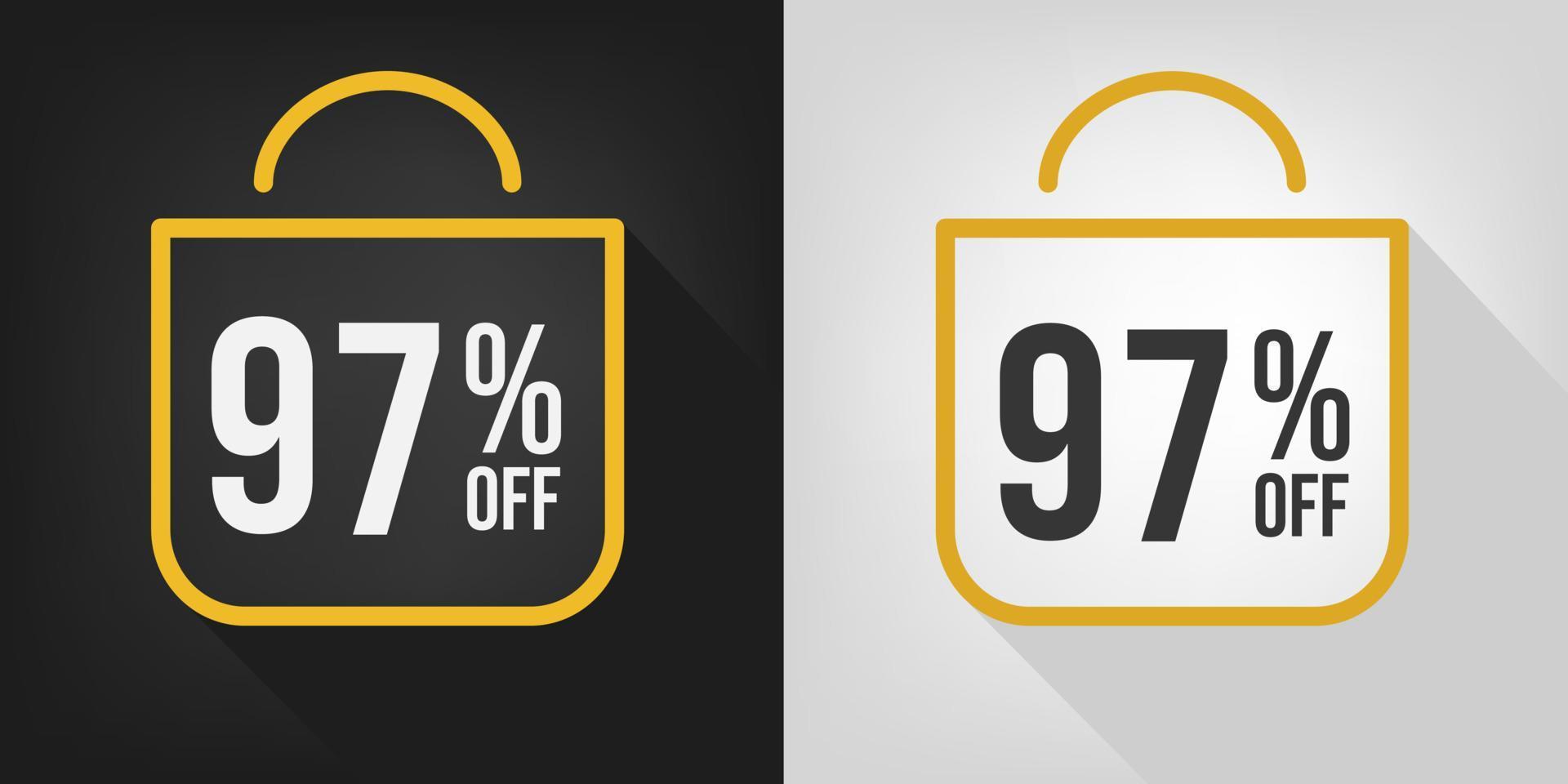 97 percent off. Black, white and yellow banner with ninety-seven percent discount. Shopping bag concept vector. vector