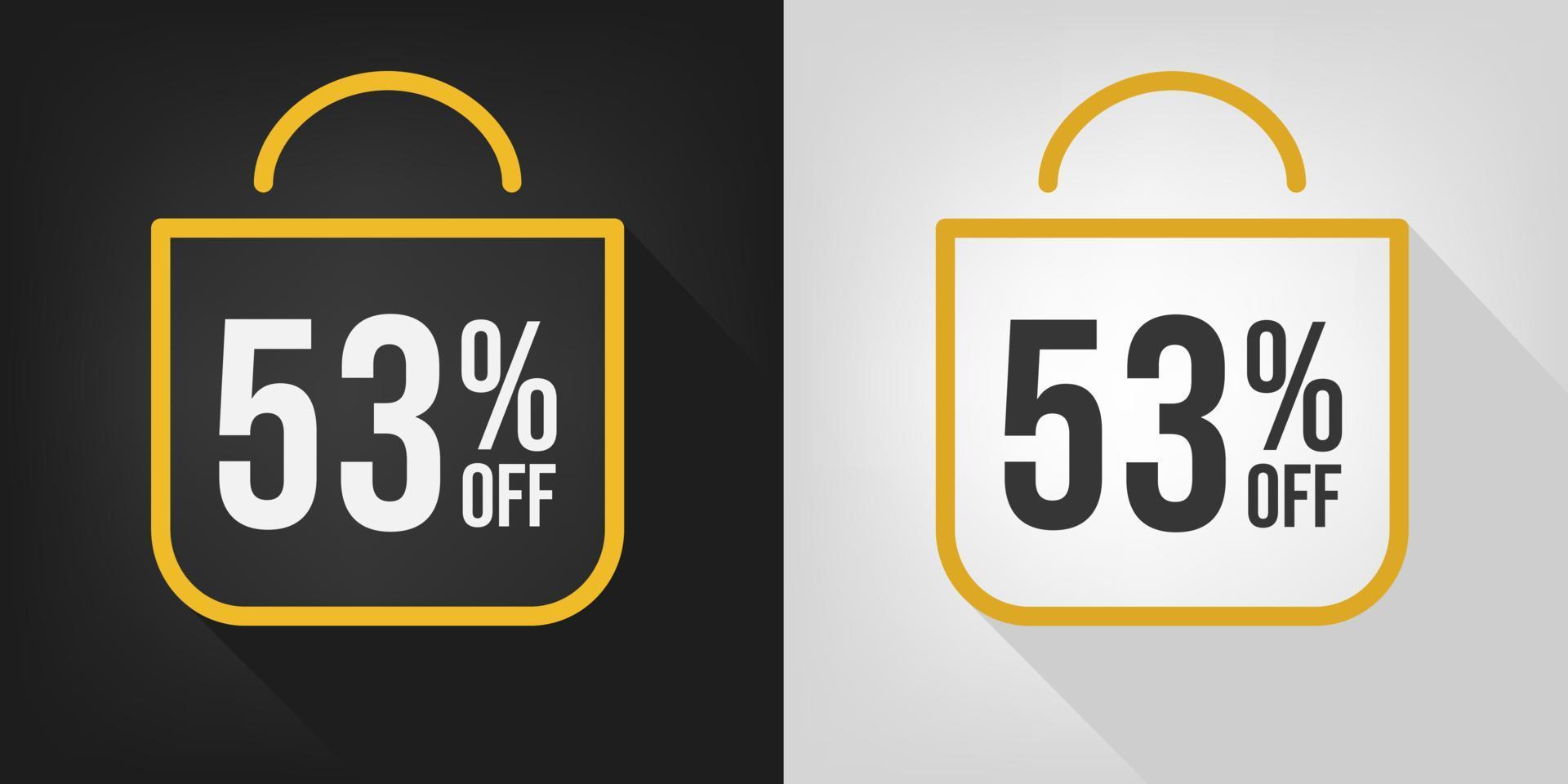 53 percent off. Black, white and yellow banner with fifty-three percent discount. Shopping bag concept vector. vector