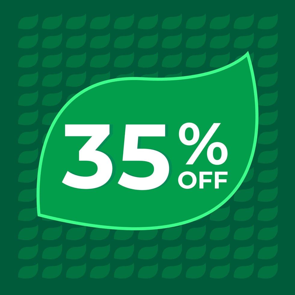 35 percent off. Thirty-five percent off on a green background with tree leaf concept vector. vector